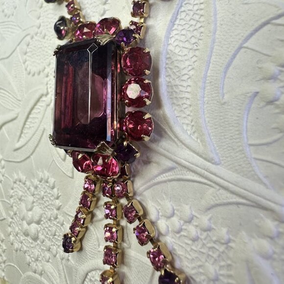 Vintage Juliana D & E Pink and Purple Rhinestone Necklace Emerald Cut Pendant - Picture 5 of 8